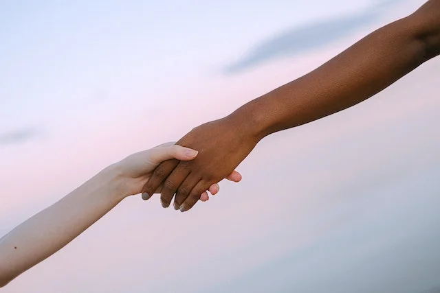 Photo of a white hand and a black hand holding each other in a gesture of unity and solidarity. Photo used for an article titled "Photo of a white hand and a black hand holding each other in a gesture of unity and solidarity"