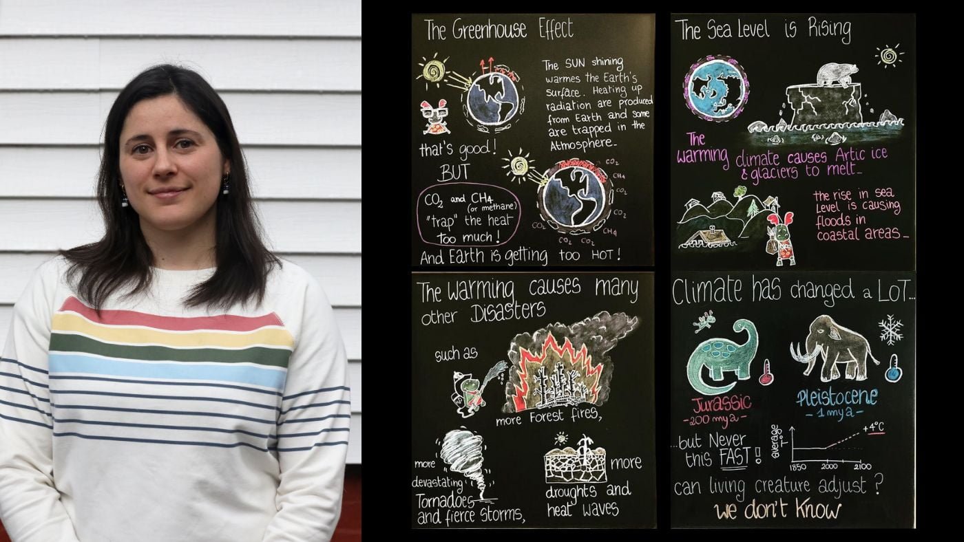 Photo collage of Giovanna Capovilla and her climate science artwork